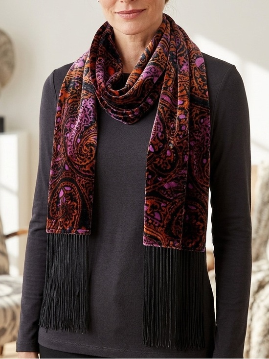 Zara Accessories - Zara Velvet Paisley Fringe Scarf in Purple and Orange